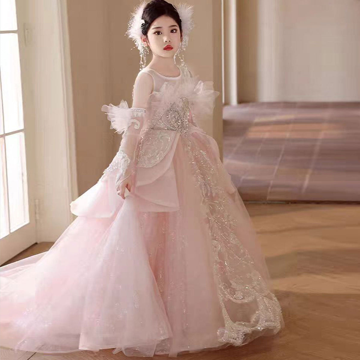 Jill Luxury Pink Crystal Wedding Party Girl Dress with Sleeve J316