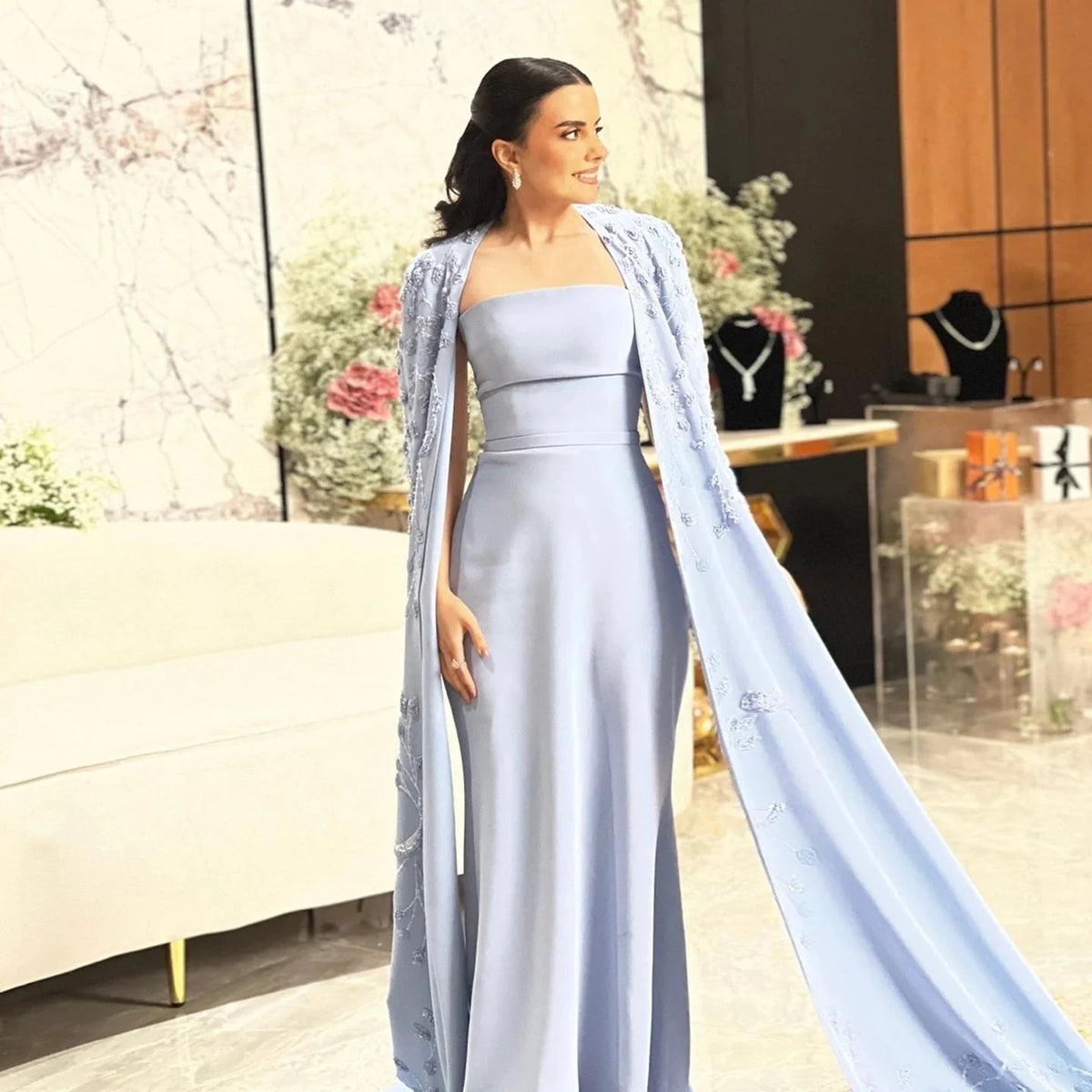 Dreamy Vow Arabic Blue Mermaid Evening Dress with Cape Sleeves 2024 Luxury Beaded Dubai Women Wedding Guest Party Gowns SS407-DreamyVow