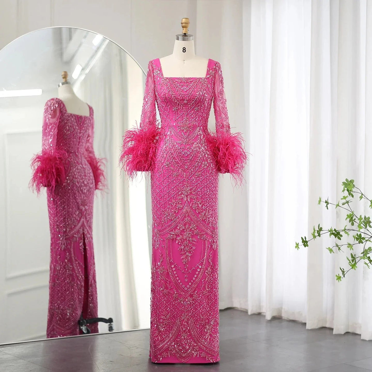 Dreamy Vow Arabic Fuchsia Luxury Dubai Evening Dresses Feathers Long Sleeves Straight Muslim Women Wedding Party Gowns SS239-DreamyVow