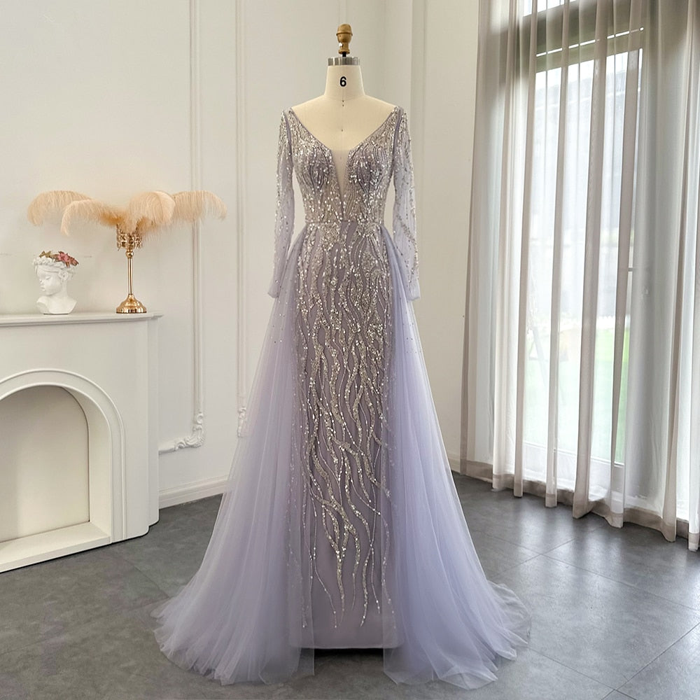 Dreamy Vow Arabic Lilac Mermaid Overskirt Evening Dresses 2023 Luxury Dubai Long Sleeves Women Wedding Guest Party Gowns SS234-DreamyVow