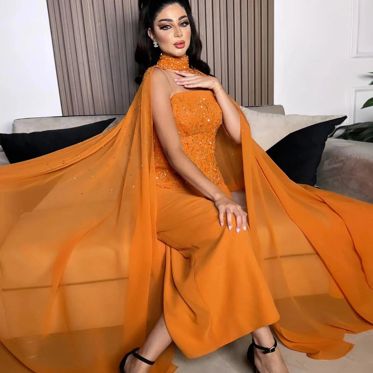 Dreamy Vow Arabic Orange Strapless Evening Dress with Cape Sleeve Women for Wedding Luxury Dubai Formal Party Gowns SS299-DreamyVow