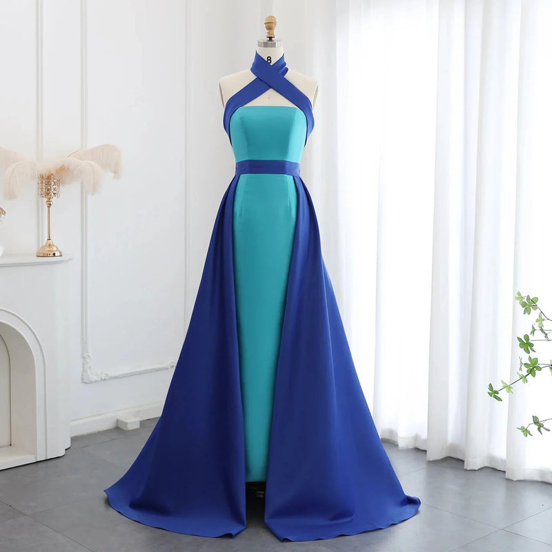 Dreamy Vow Arabic Royal Blue Contrast Turquoise Evening Dress with Overskirt Criss Cross Halter Women Wedding Party Dress SF012-DreamyVow