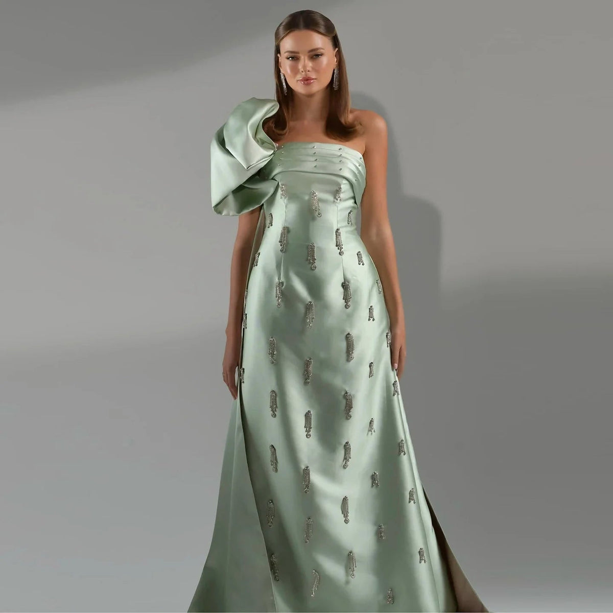 Dreamy Vow Arabic Sage Green One Shoulder Evening Dress with Cape Luxury Crystal Tassel Dubai Wedding Party Gowns SS368-DreamyVow