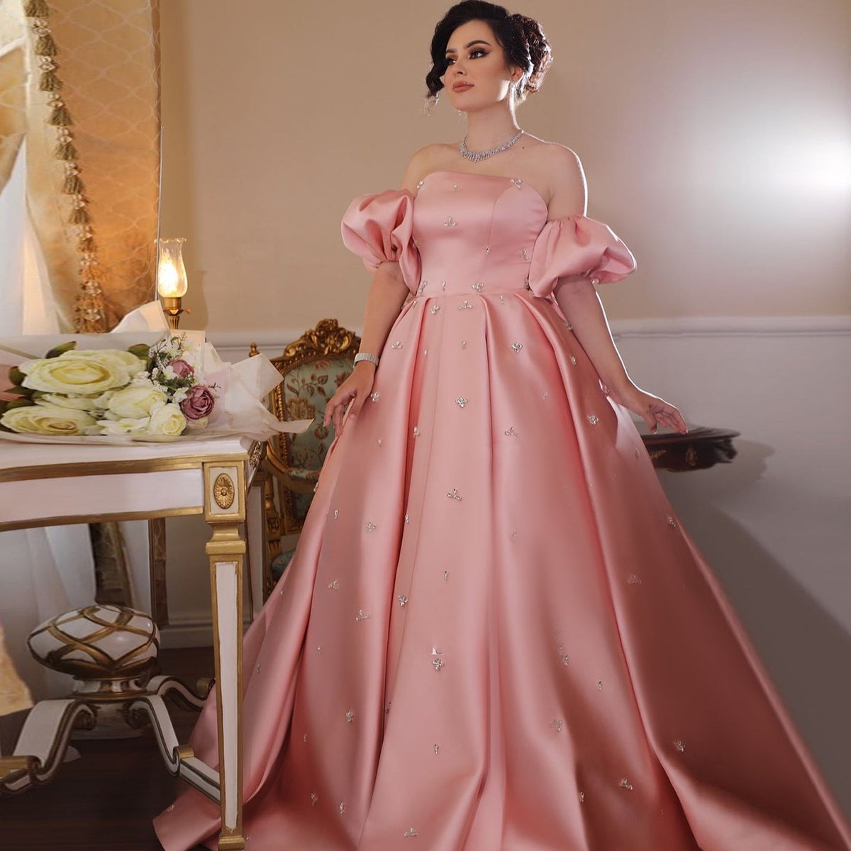 Dreamy Vow Arabic Women Blush Pink Satin Dubai Evening Dresses with Cap Sleeves Crystal Wedding Party Gowns SS442-DreamyVow