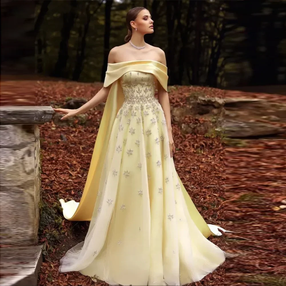 Dreamy Vow Arabic Yellow Satin Luxury Dubai Evening Dress with Cape 2024 Elegant Off Shoulder Women Wedding Party Gowns SS455-DreamyVow