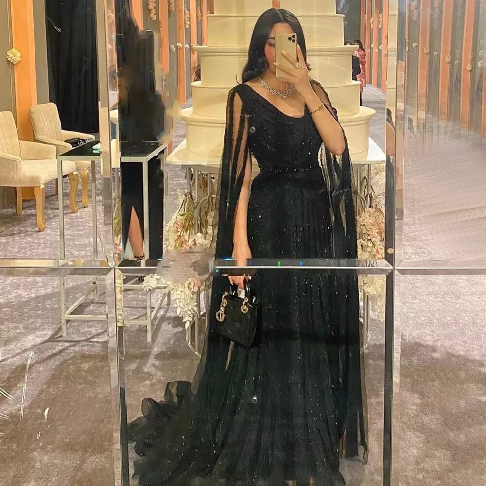 Dreamy Vow Black Arabic Mermaid Evening Dresses with Cape Sleeves 2023 Luxury Beaded Dubai For Women Wedding Party Gowns 218