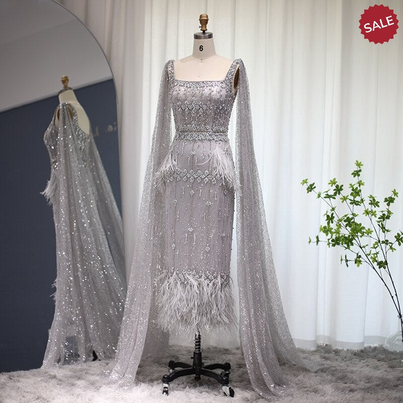 Dreamy Vow Bling Gray Mermaid Arabic Evening Dress with Cape Luxury Feather Dubai Formal Dresses for Women Wedding Party 279