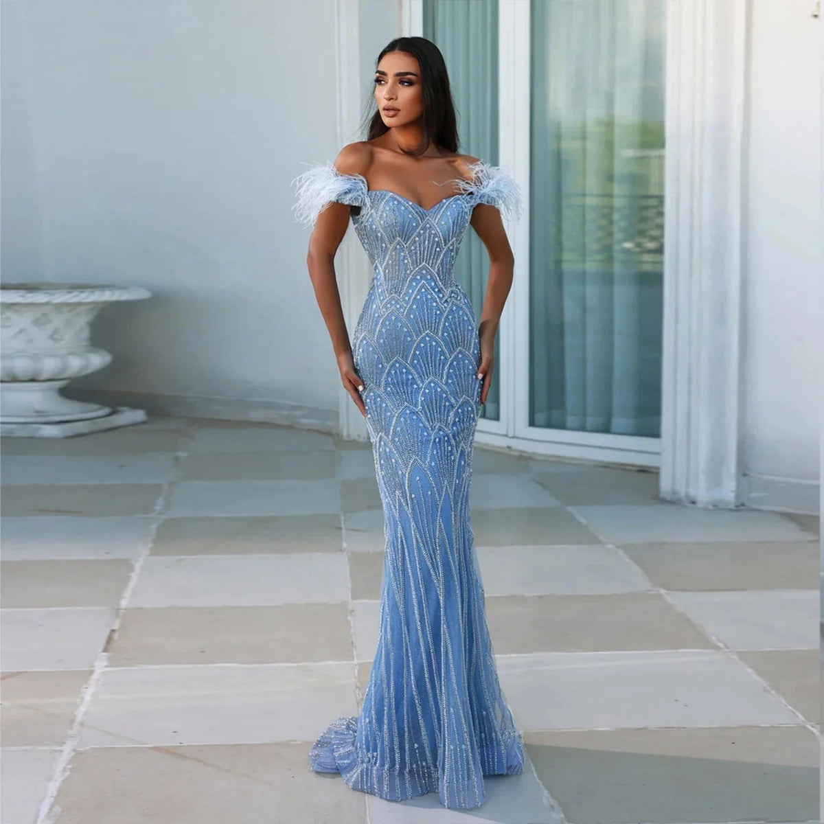 Dreamy Vow Blue Mermaid Luxury Feathers Evening Dresses for Women Wedding Party Champagne Beaded Long Prom Formal Gowns SS179-DreamyVow