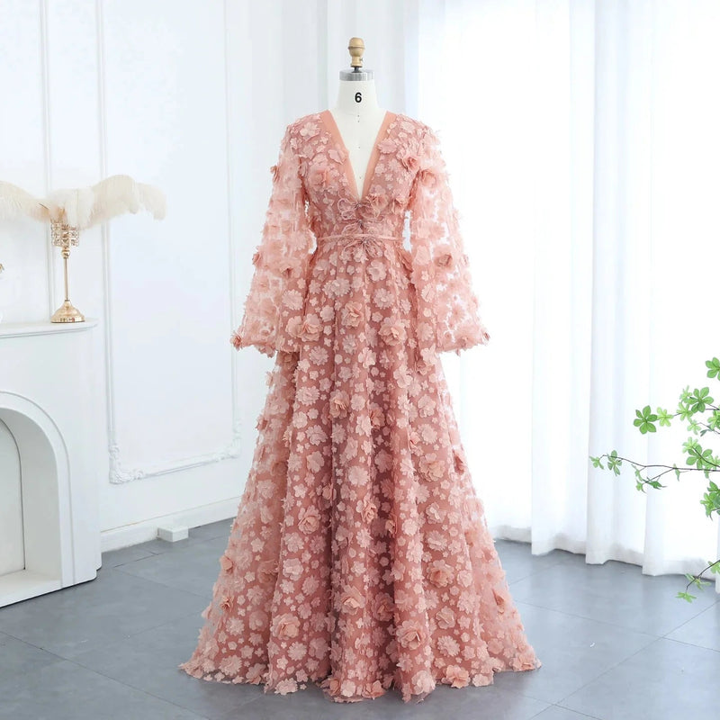 Dreamy Vow Blush Peach-Pink 3D Flowers Evening Dresses with Bell Long Sleeves V-Neck Arabic Wedding Party Birthday Gowns SS295-DreamyVow