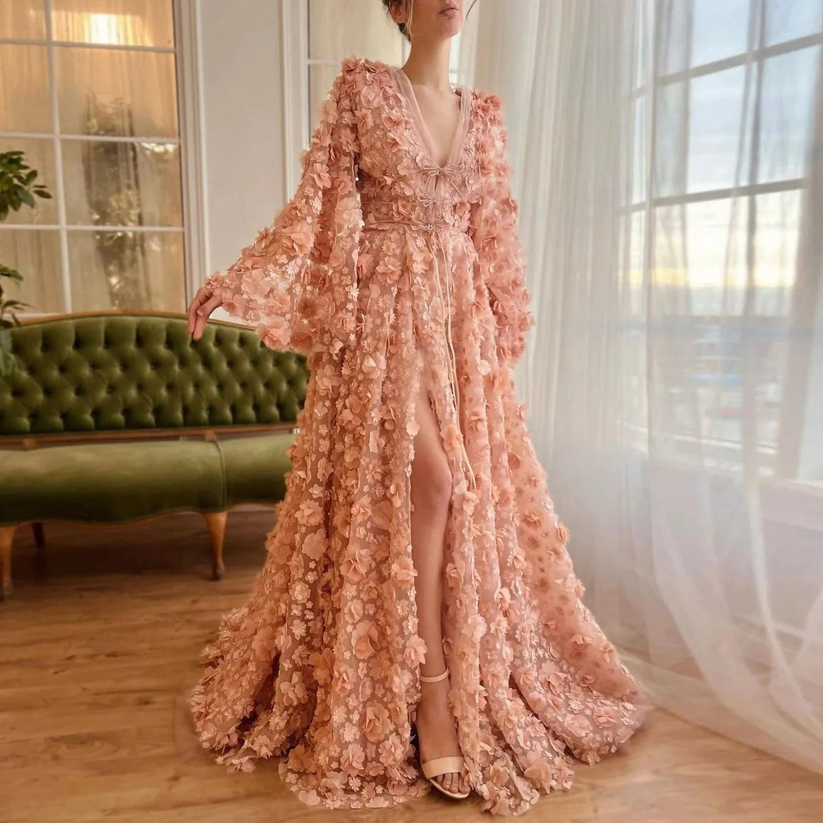 Dreamy Vow Blush Peach-Pink 3D Flowers Evening Dresses with Bell Long Sleeves V-Neck Arabic Wedding Party Birthday Gowns SS295-DreamyVow