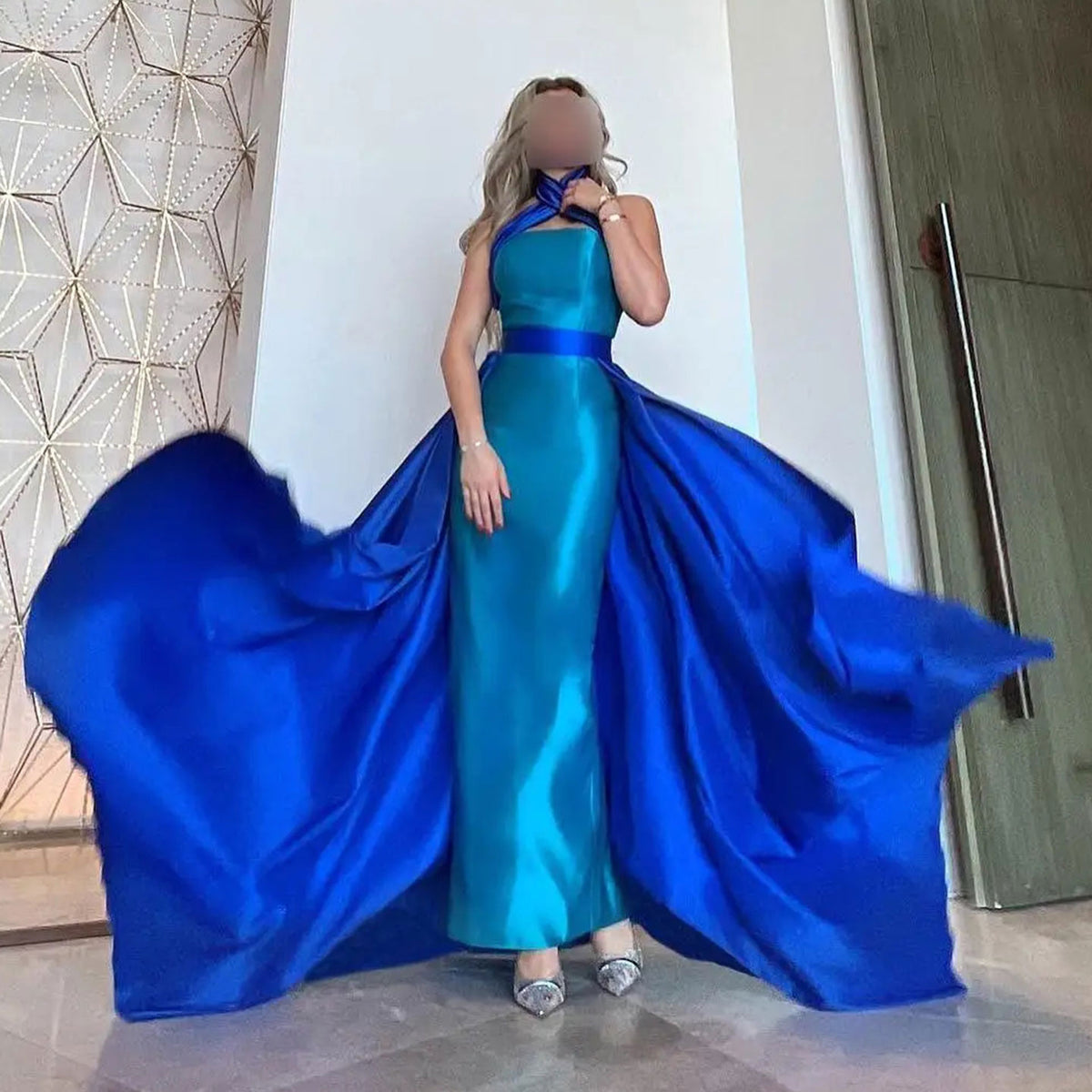 Arabic Royal Blue Contrast Turquoise Evening Dress with Overskirt Criss Cross Halter Women Wedding Party Dress SF012