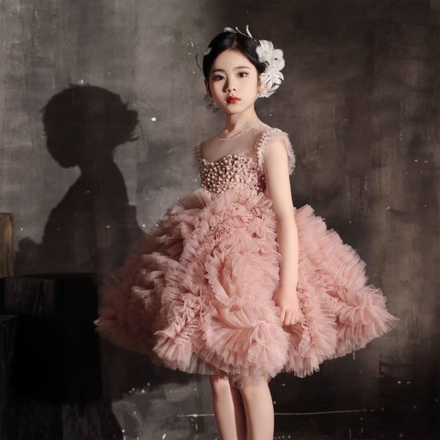 Jill Wish Luxury Pink Baby Flower Girl Dresses Arabic Pearls Princess