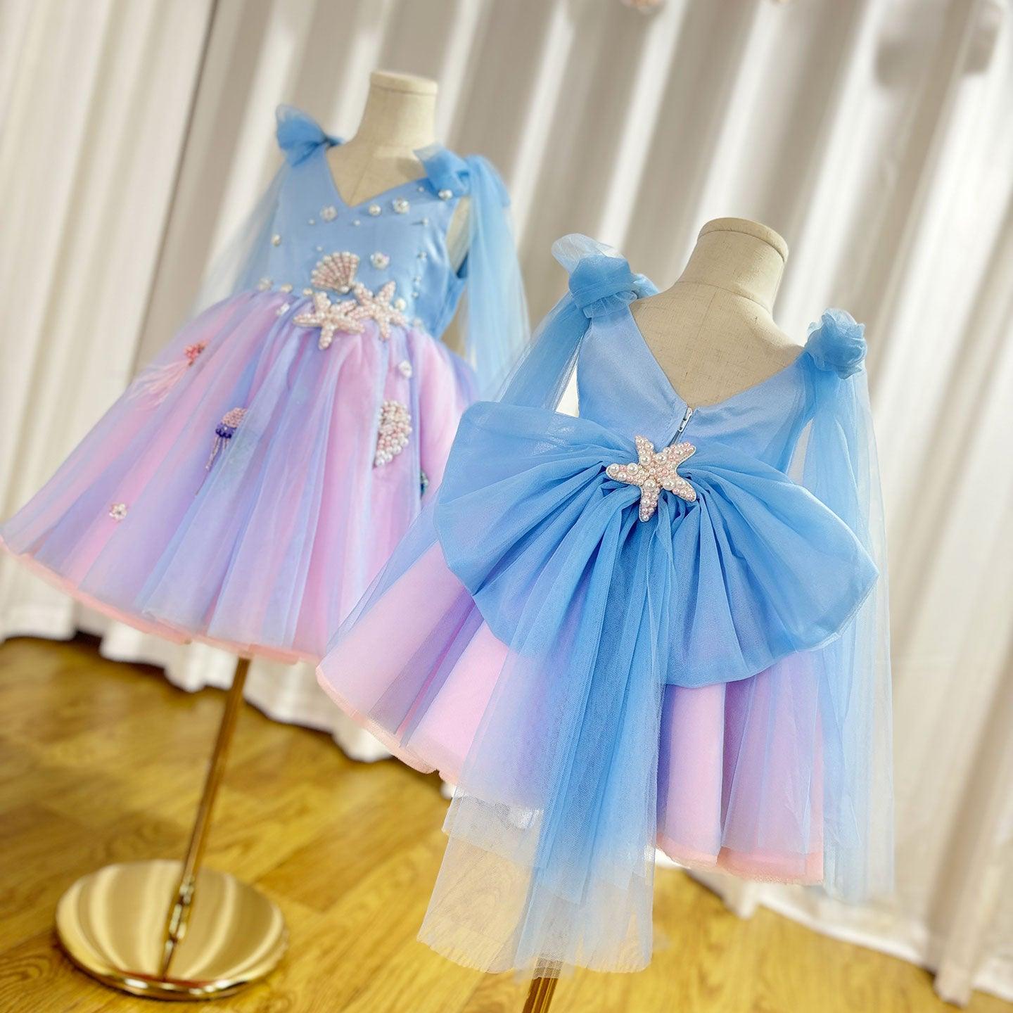 1-3T Light Blue Satin Flower Girl Dress with Pearl Elegant Toddler Girl Dress Wedding Girl Dress Bow Princess Dress Fairy Short Sleeve Dress high quality