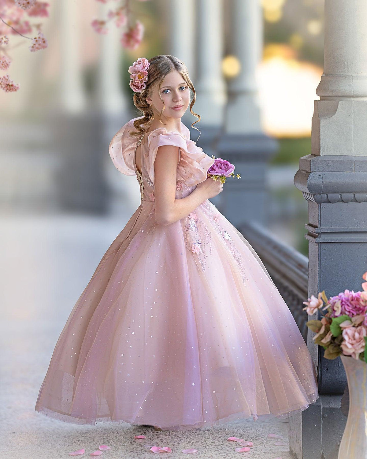 Jill Wish Pink Dubai Girl Dress 3D Flowers Arabic Princess Kids J384