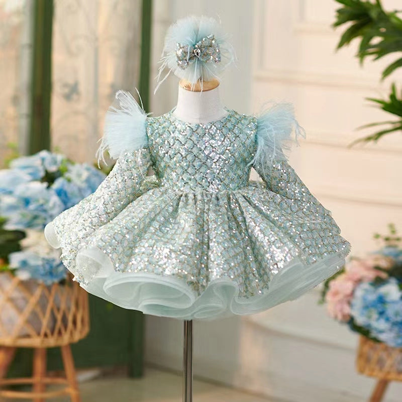 Jill Wish Sparkly Turquoise Girl Dress Long Sleeve Knee Length Arabic J093