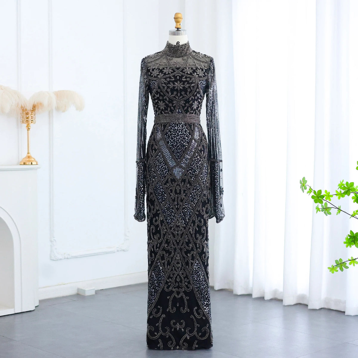 Luxury Beaded Gray Evening Dress with Flare Long Sleeves SS204