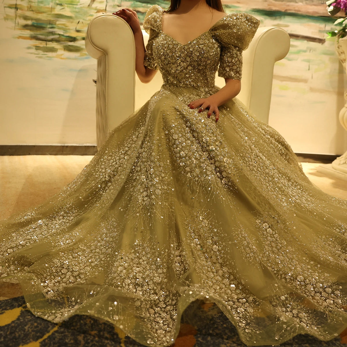 Glitter Lime Green Luxury Dubai Evening Dress Engagement Arabic Gowns SS155