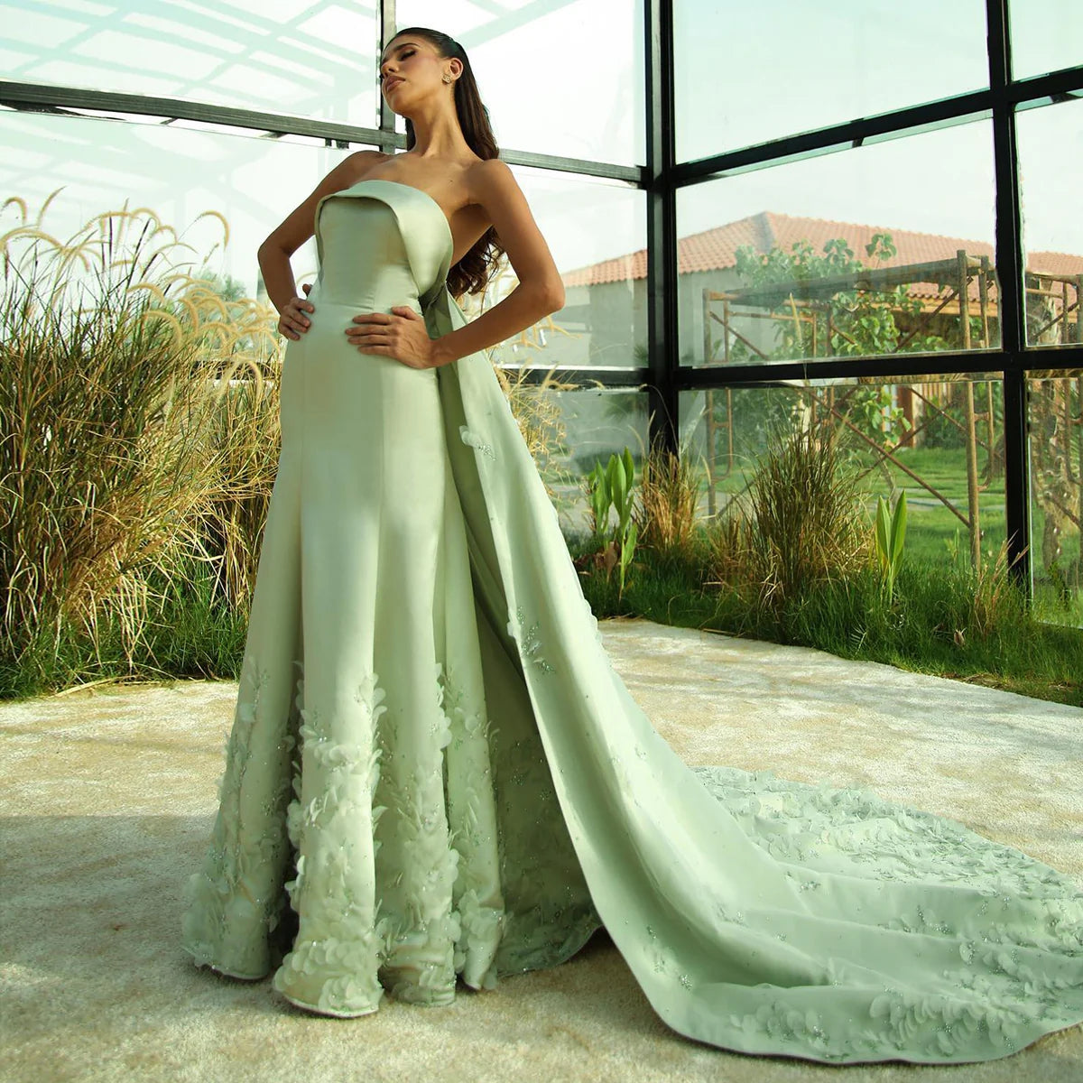 Luxury Crystal 3D Leaves Sage Green Evening Dress with Cape SS449