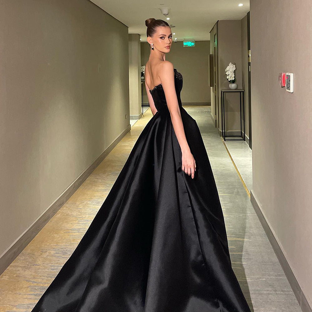 Arab Dubai Elegant Crystal Black Strapless Evening Dresses Side Slit SS364