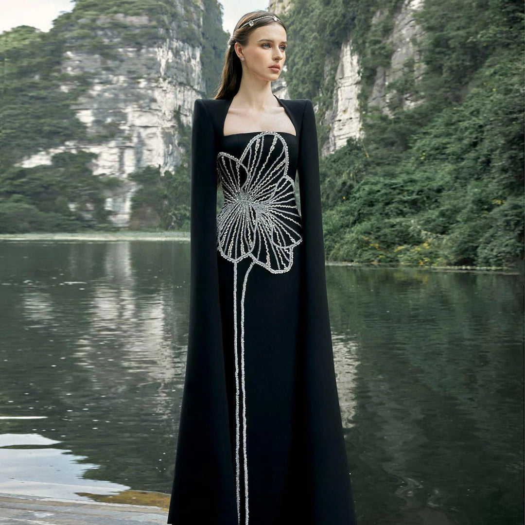 Elegant Black Beaded Evening Dress with Cape Sleeves SS275